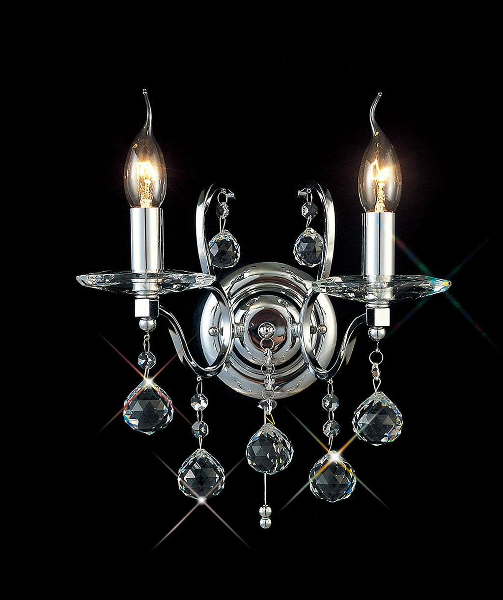 Diyas - Zinta Wall Lamp Switched 2 Light E14 Switched with Hanging Crystal Droplets - Luminosity Designs Ltd