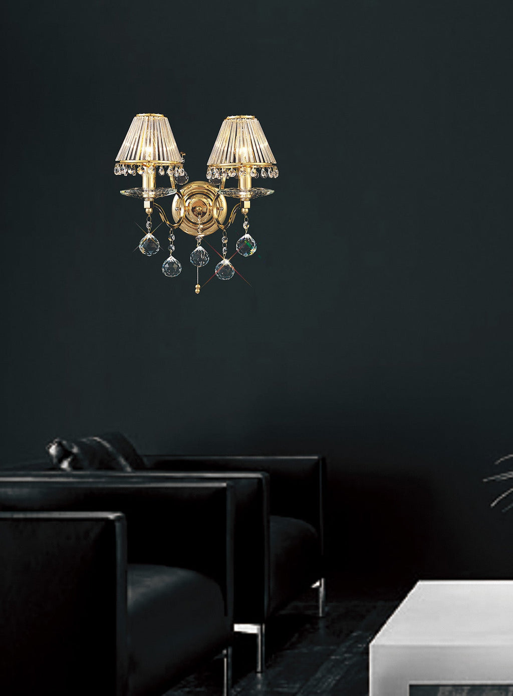 Diyas - Zinta Wall Lamp Switched 2 Light E14 Switched with Hanging Crystal Droplets - Luminosity Designs Ltd