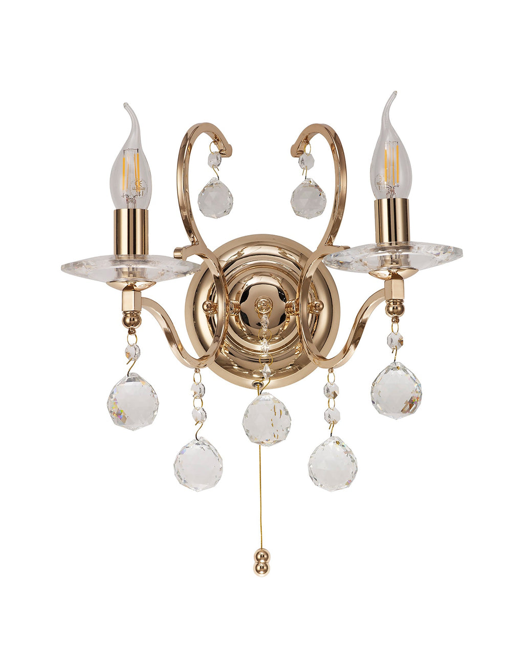 Diyas - Zinta Wall Lamp Switched 2 Light E14 Switched with Hanging Crystal Droplets - Luminosity Designs Ltd