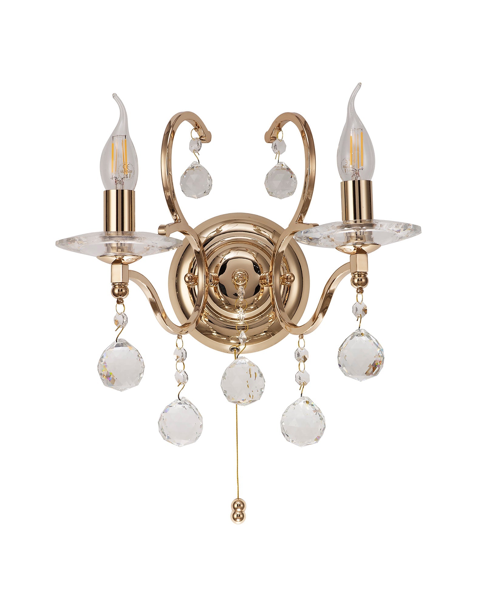 Diyas - Zinta Wall Lamp Switched 2 Light E14 Switched with Hanging Crystal Droplets - Luminosity Designs Ltd