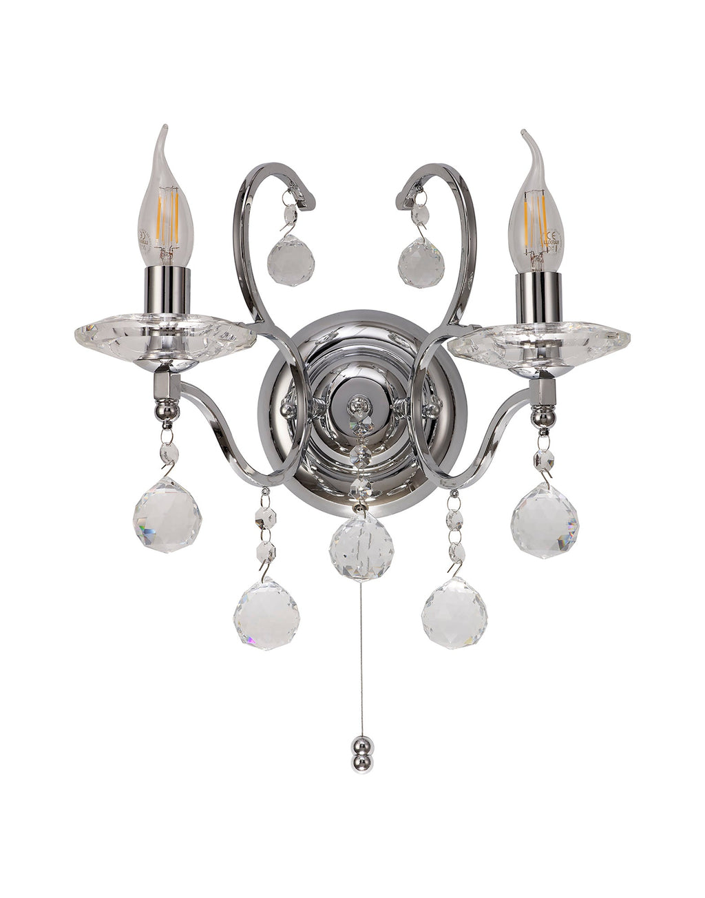 Diyas - Zinta Wall Lamp Switched 2 Light E14 Switched with Hanging Crystal Droplets - Luminosity Designs Ltd