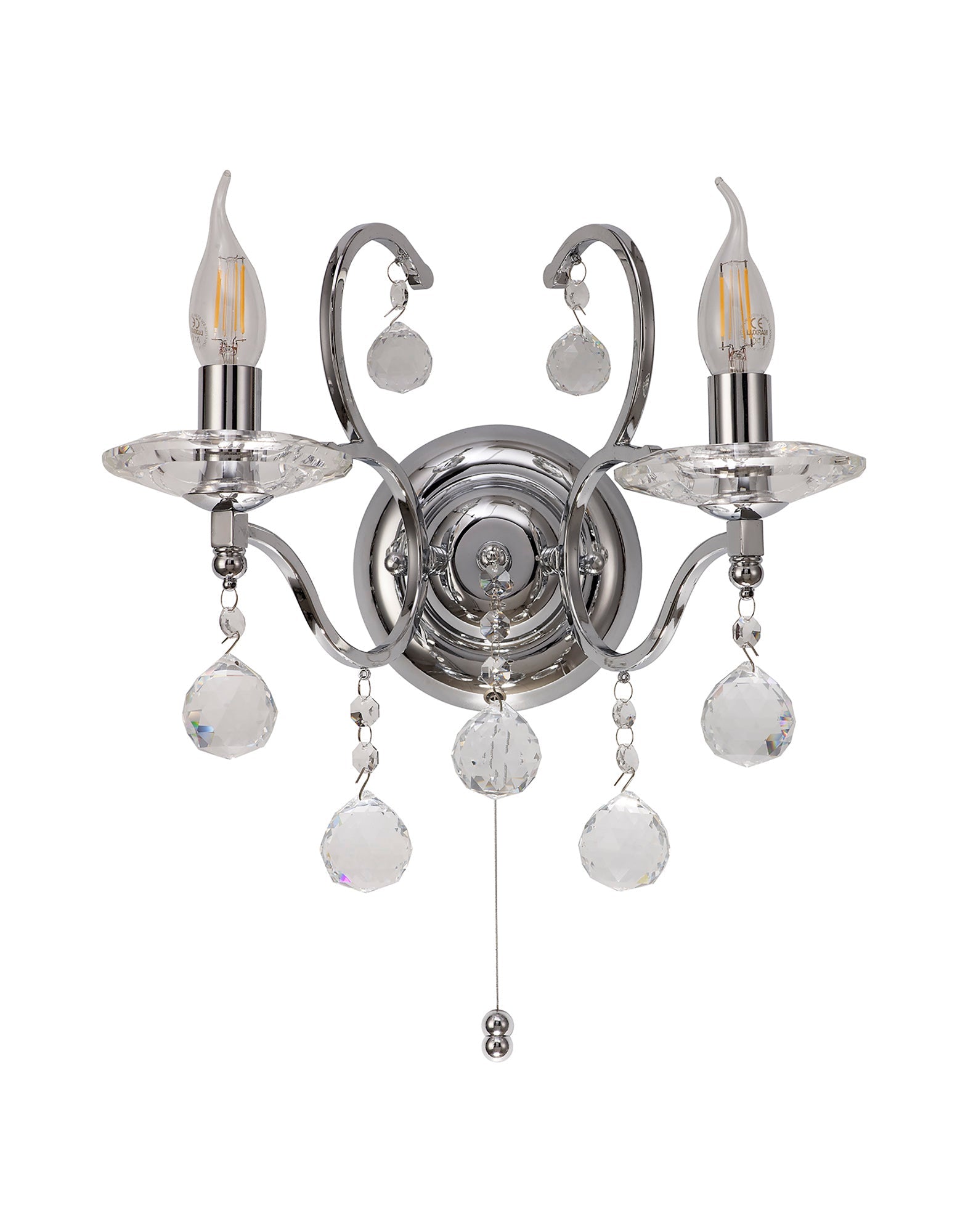 Diyas - Zinta Wall Lamp Switched 2 Light E14 Switched with Hanging Crystal Droplets - Luminosity Designs Ltd