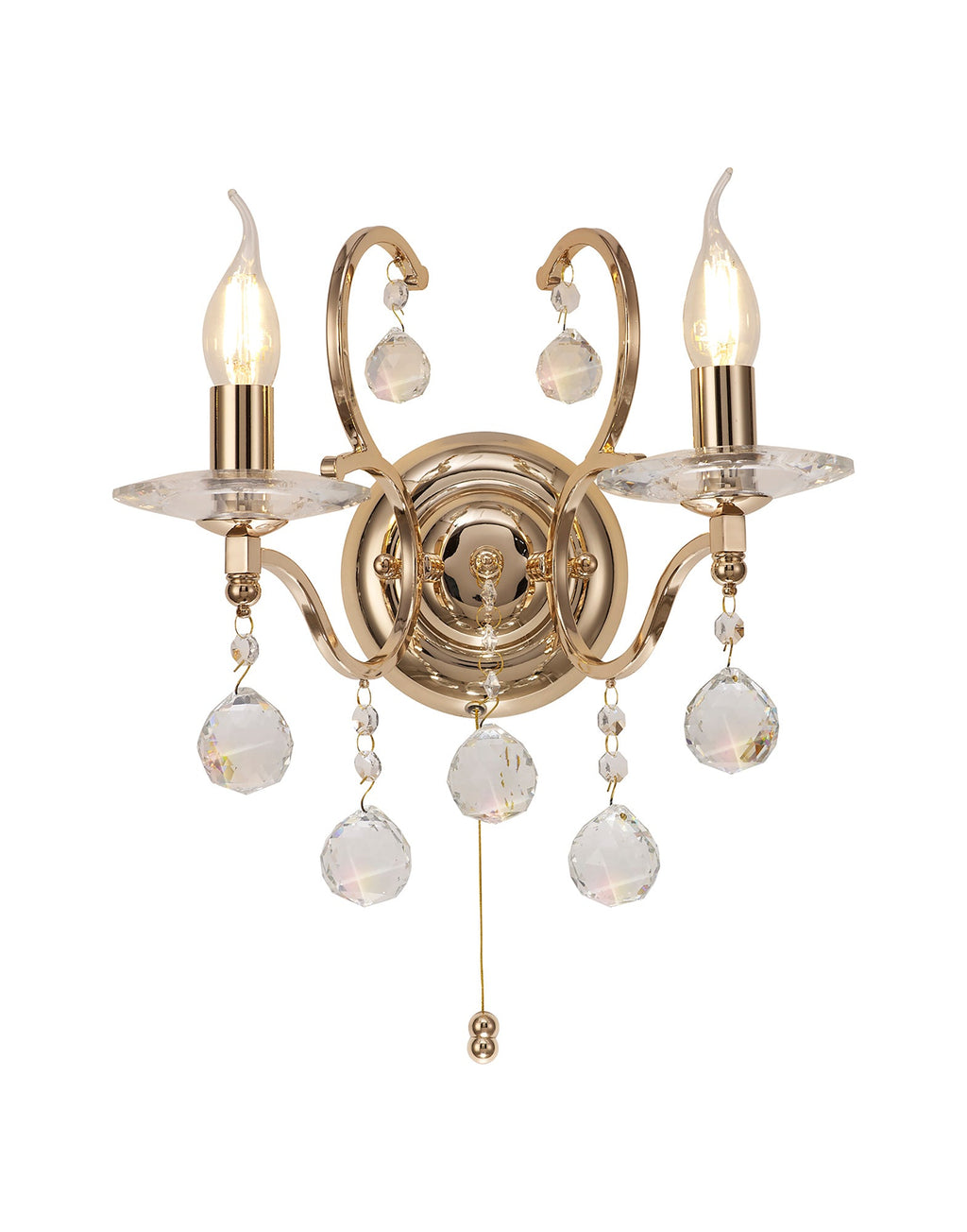 Diyas - Zinta Wall Lamp Switched 2 Light E14 Switched with Hanging Crystal Droplets - Luminosity Designs Ltd