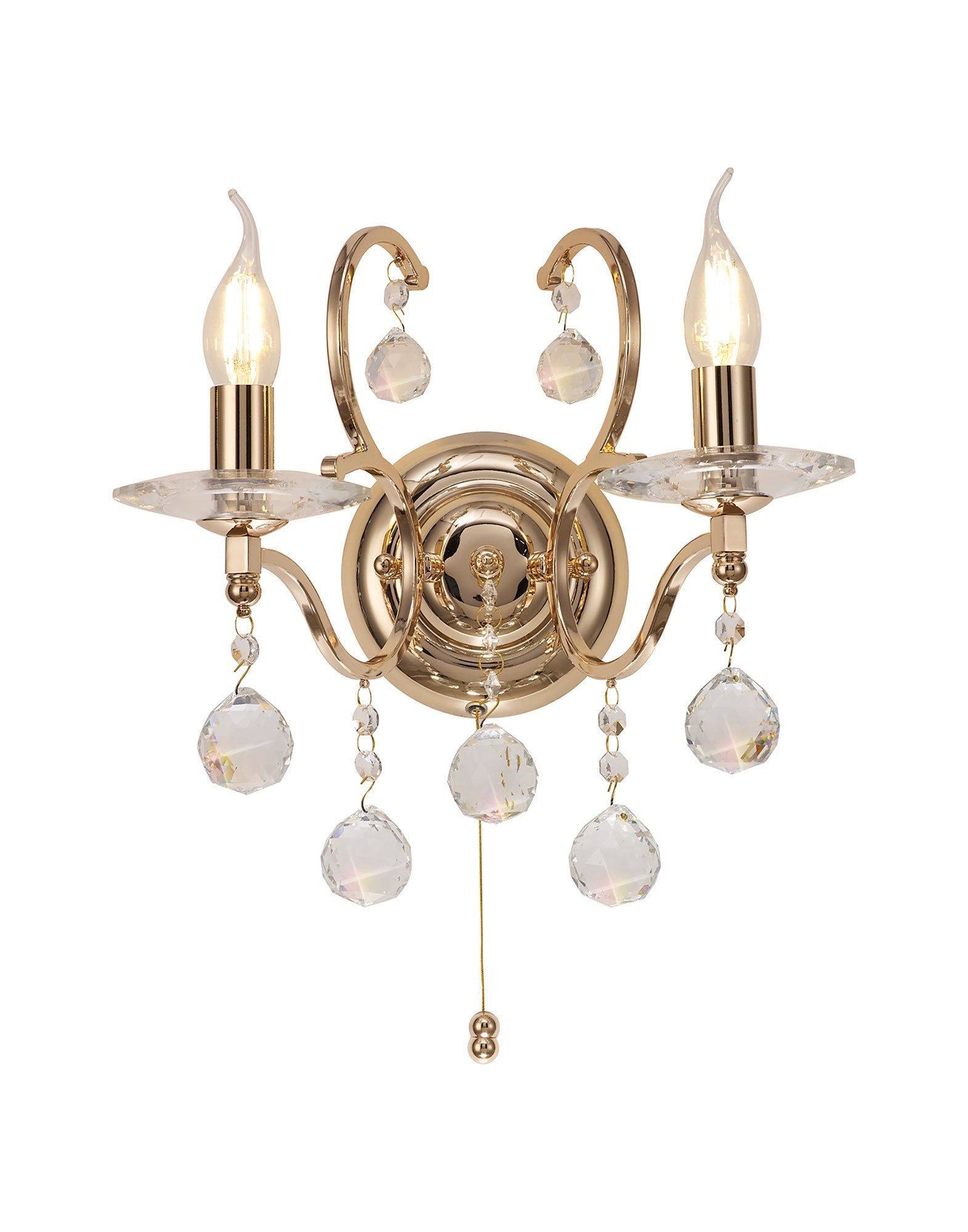 Diyas - Zinta Wall Lamp Switched 2 Light E14 Switched with Hanging Crystal Droplets - Luminosity Designs Ltd