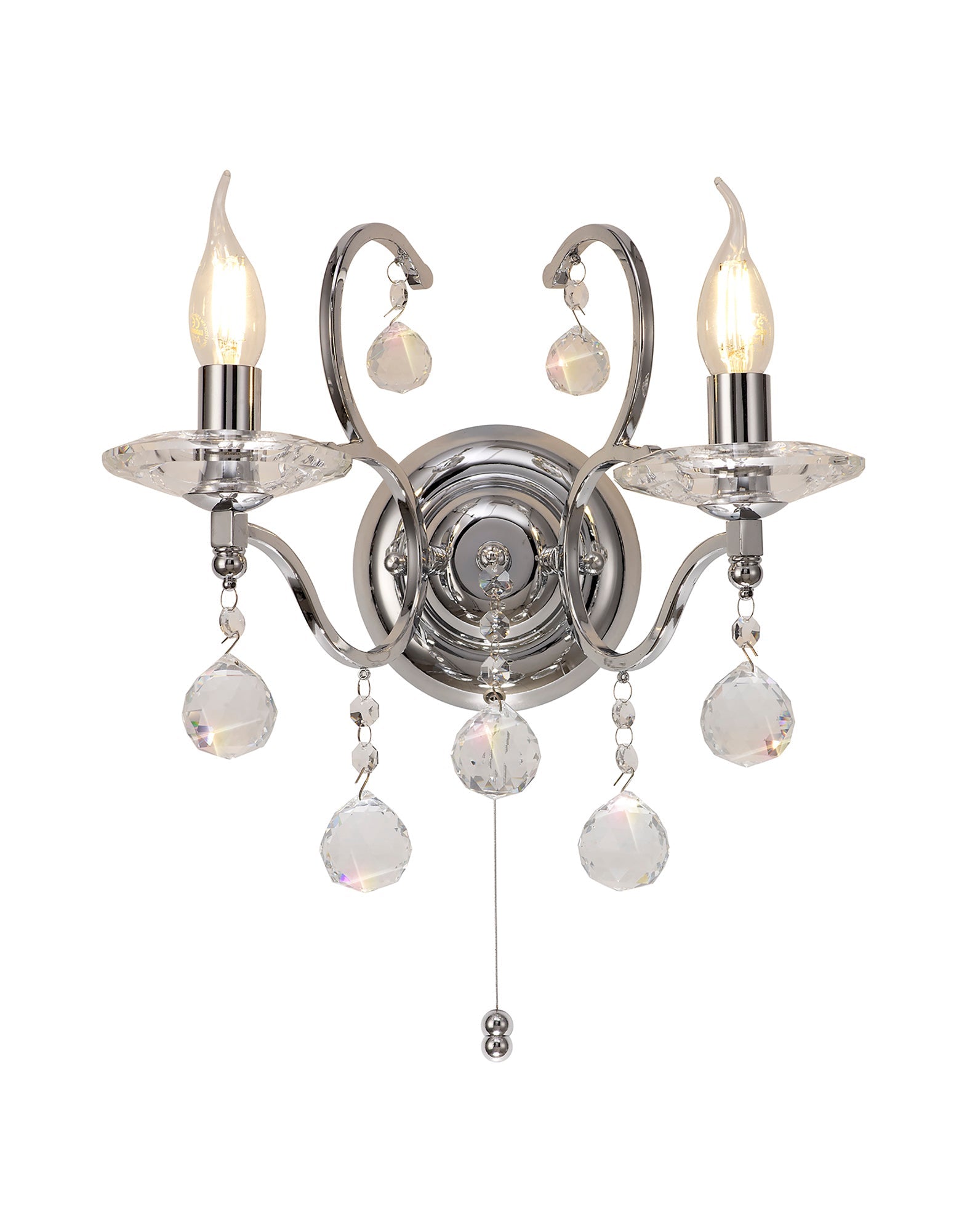 Diyas - Zinta Wall Lamp Switched 2 Light E14 Switched with Hanging Crystal Droplets - Luminosity Designs Ltd