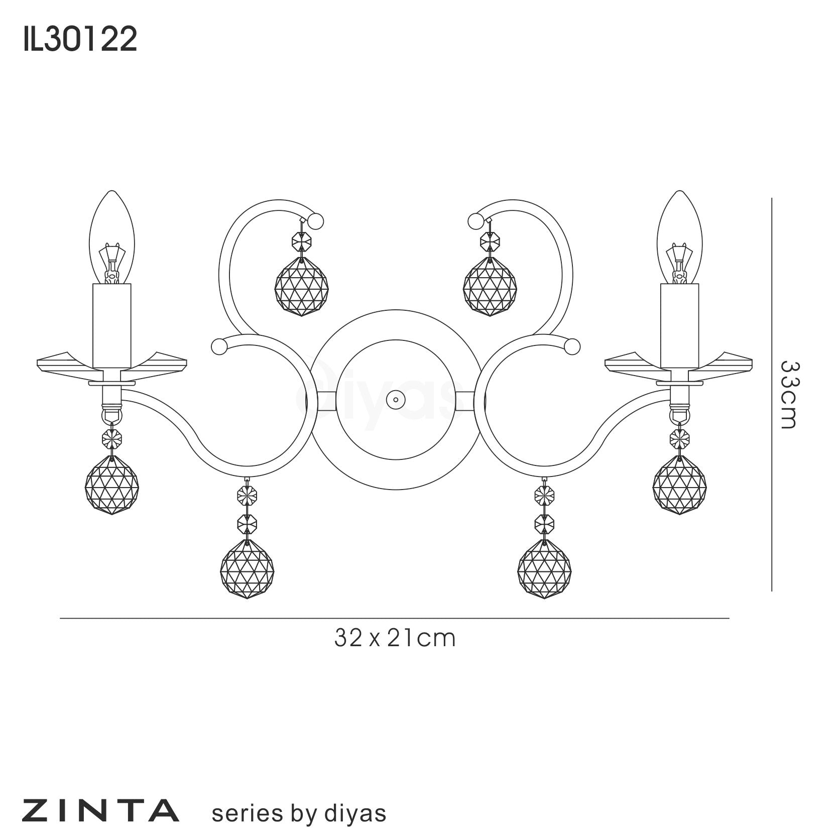Diyas - Zinta Wall Lamp Switched 2 Light E14 Switched with Hanging Crystal Droplets - Luminosity Designs Ltd