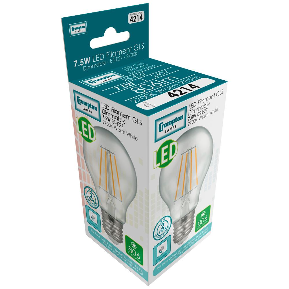 Crompton 7w CLEAR Warm White 2700k Dimmable LED GLS E27 ES Filament Bulb -  806 Lumen, 60w Equivalent