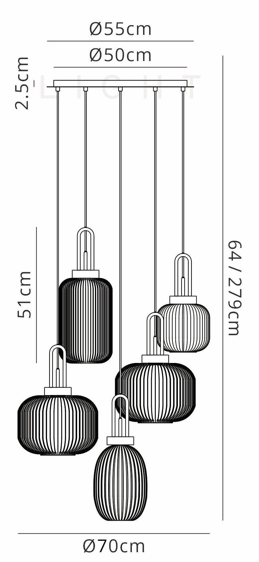 Pendulum Ribbed Glass Shade 5 Light Multi Pendant