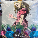 Luminosity Designs - Alice in Wonderland Teal and pink Artist Style Couch Cushion - Luminosity Designs Ltd