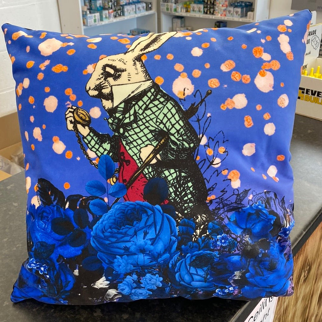Luminosity Designs - Alice in Wonderland White Rabbit Blue Artist Style Couch Cushion - Luminosity Designs Ltd