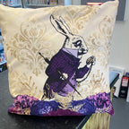 Luminosity Designs - Alice in Wonderland White Rabbit Purple and Gold Artist Style Couch Cushion - Luminosity Designs Ltd