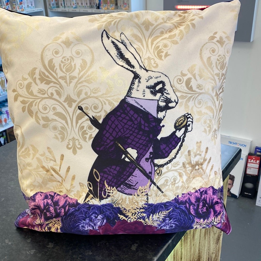 Luminosity Designs - Alice in Wonderland White Rabbit Purple and Gold Artist Style Couch Cushion - Luminosity Designs Ltd
