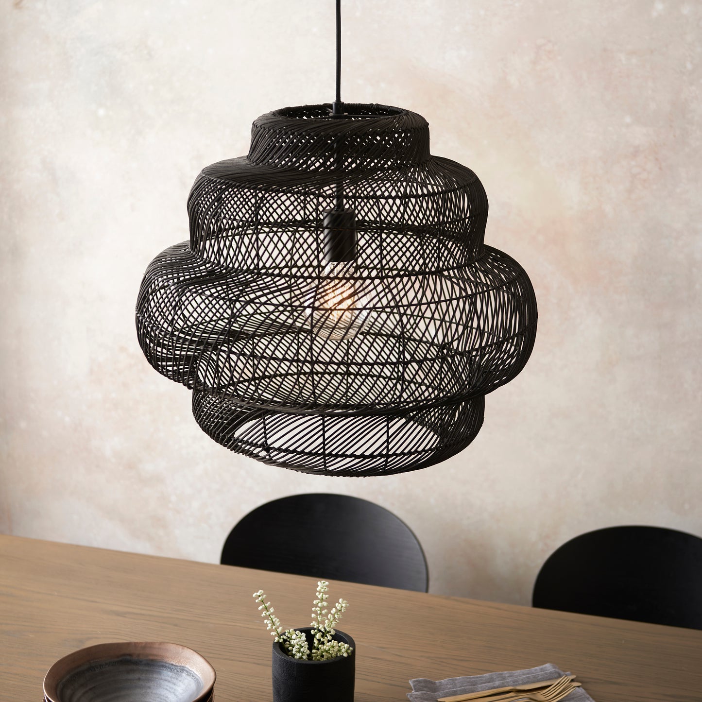 Beehive Black Rattan Pendant