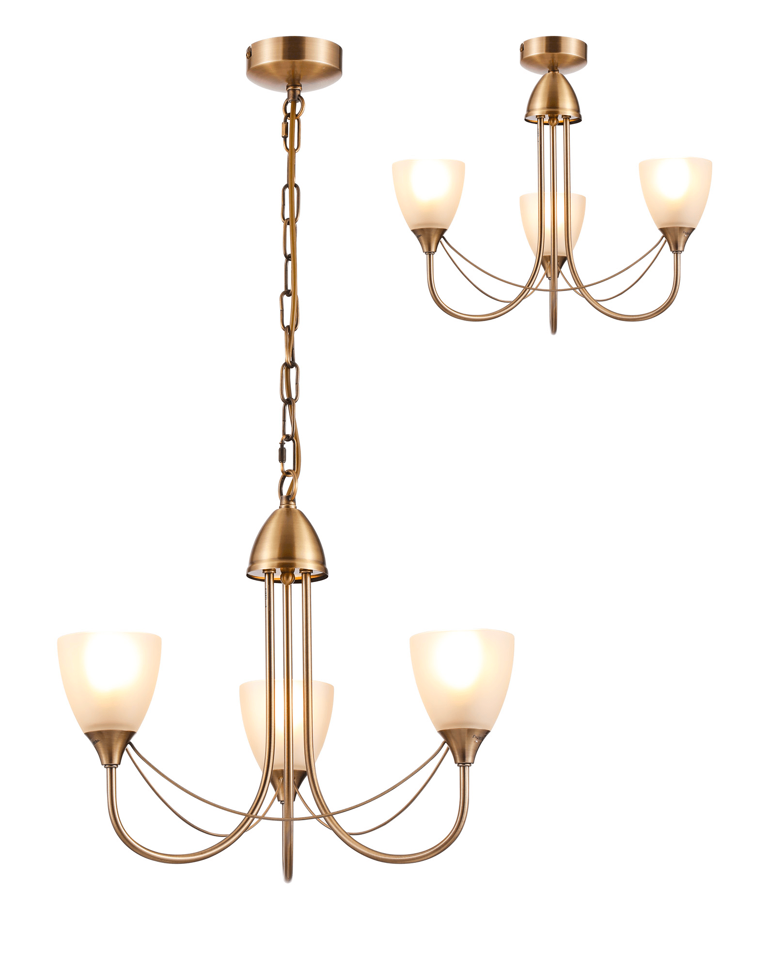Deco - Cooper 3 Light Convertible Ceiling Pendant with frosted Glass Shades E14 (Deco) - Luminosity Designs Ltd