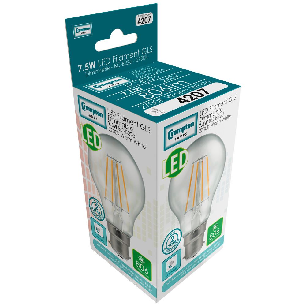 Crompton - Crompton 7w CLEAR Warm White 2700k Dimmable LED GLS Filament Bulb - 806 Lumen, 60w Equivalent - Luminosity Designs Ltd