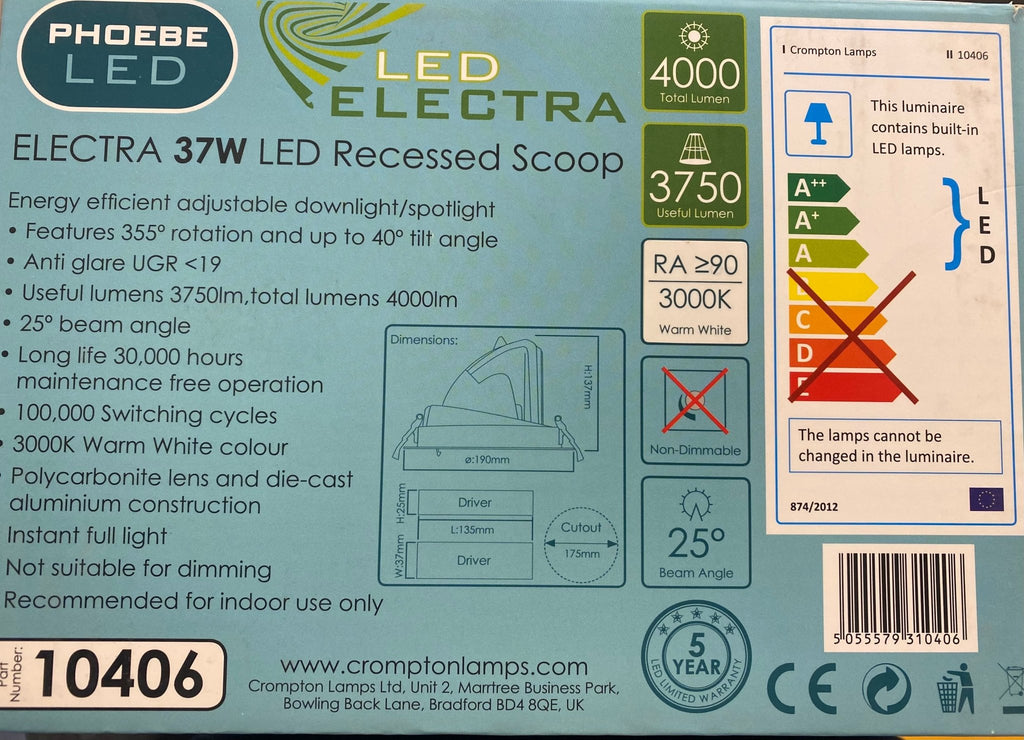 Crompton - Crompton Electra Commercial High Powered Recessed Scoop Light can 10406 - Luminosity Designs Ltd