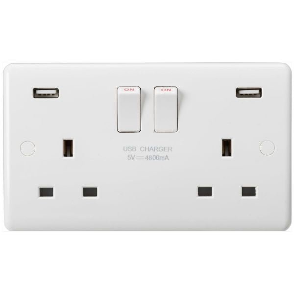 Knightsbridge - Curved Edge 13A 2G DP Switched Socket with Dual USB Charger (5V DC 4.8A shared) - Luminosity Designs Ltd