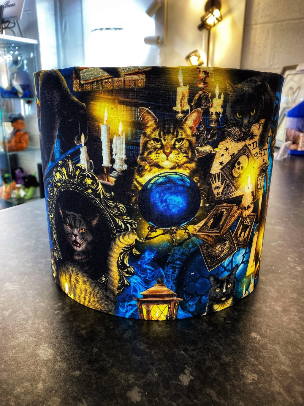 Luminosity Designs - Hand Crafted Drum Table Lampshade - Mystic Moggies - Luminosity Designs Ltd