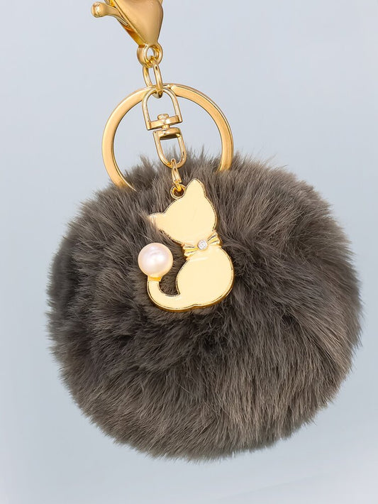 Gold Kitten Pearl Pompom Bag Charm / Keyring