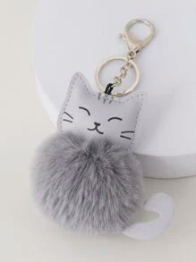 Grey Cat Pompom Bag Charm / Keyring