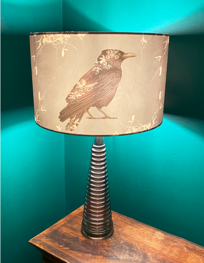 One of a kind smoked glass raven lamp with a handmade velvet shade with design by DP Art