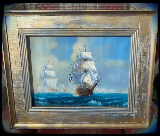 Sailing Ship Oil Painting with Driftwood Frame