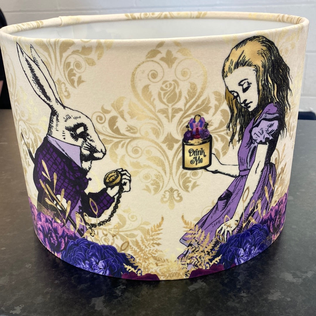 Hand Crafted Drum Table Lampshade - Wonderland Purple and Gold Rabbit