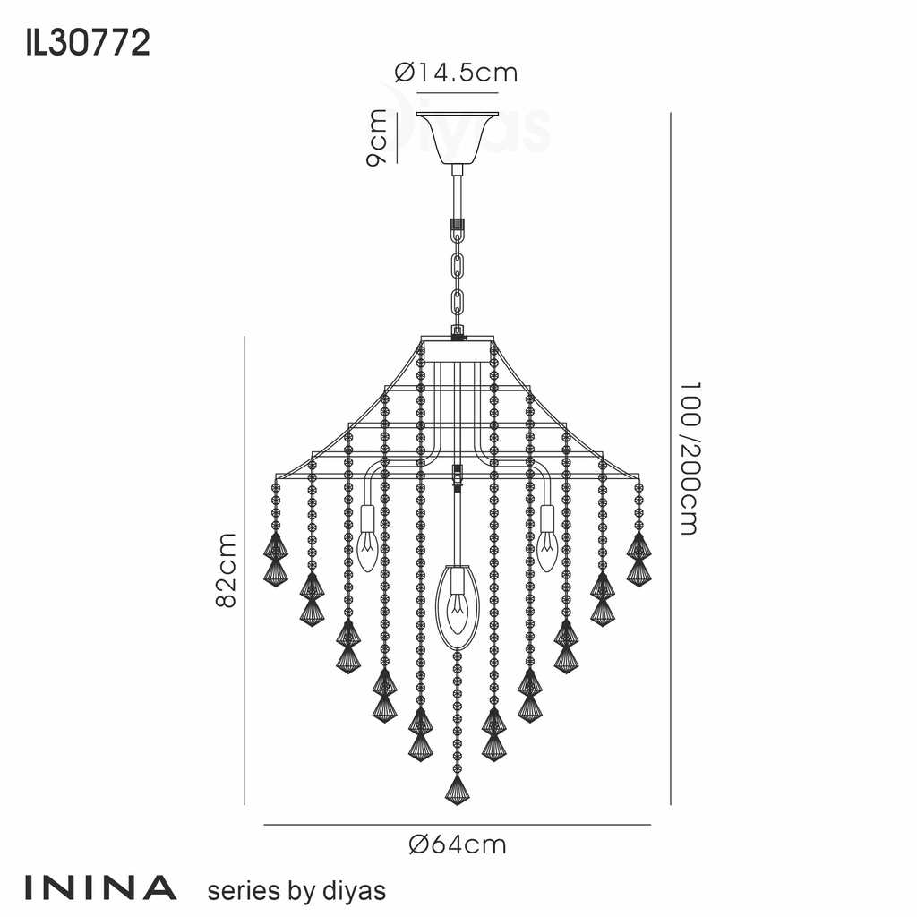 Diyas - Inina Pendant 7 Light E14 Polished Chrome/Crystal - Luminosity Designs Ltd