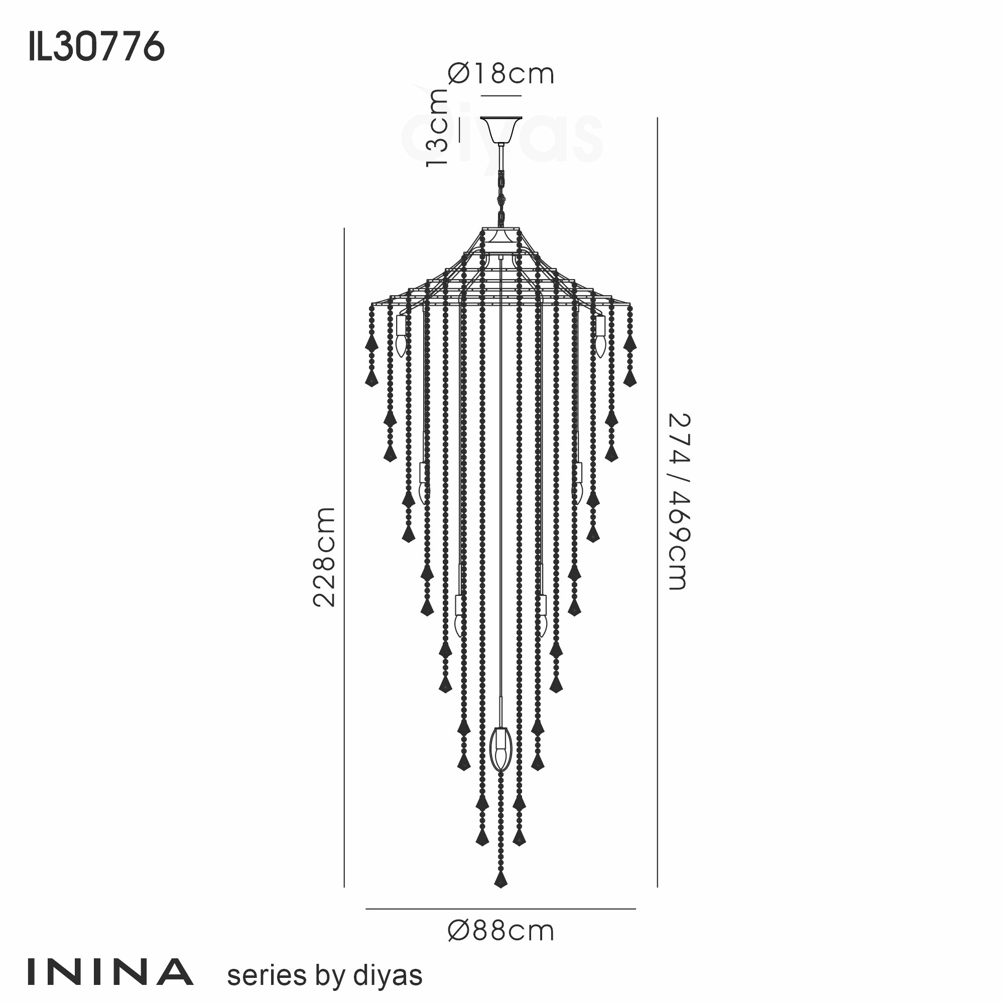 Diyas - Inina Tall Pendant 15 Light E14 Polished Chrome/Crystal - Luminosity Designs Ltd