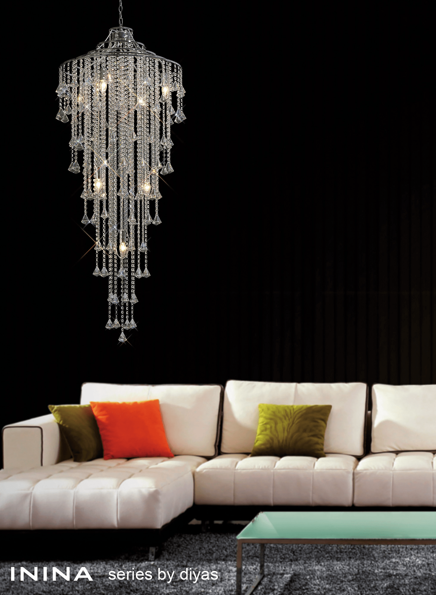 Diyas - Inina Tall Pendant 15 Light E14 Polished Chrome/Crystal - Luminosity Designs Ltd