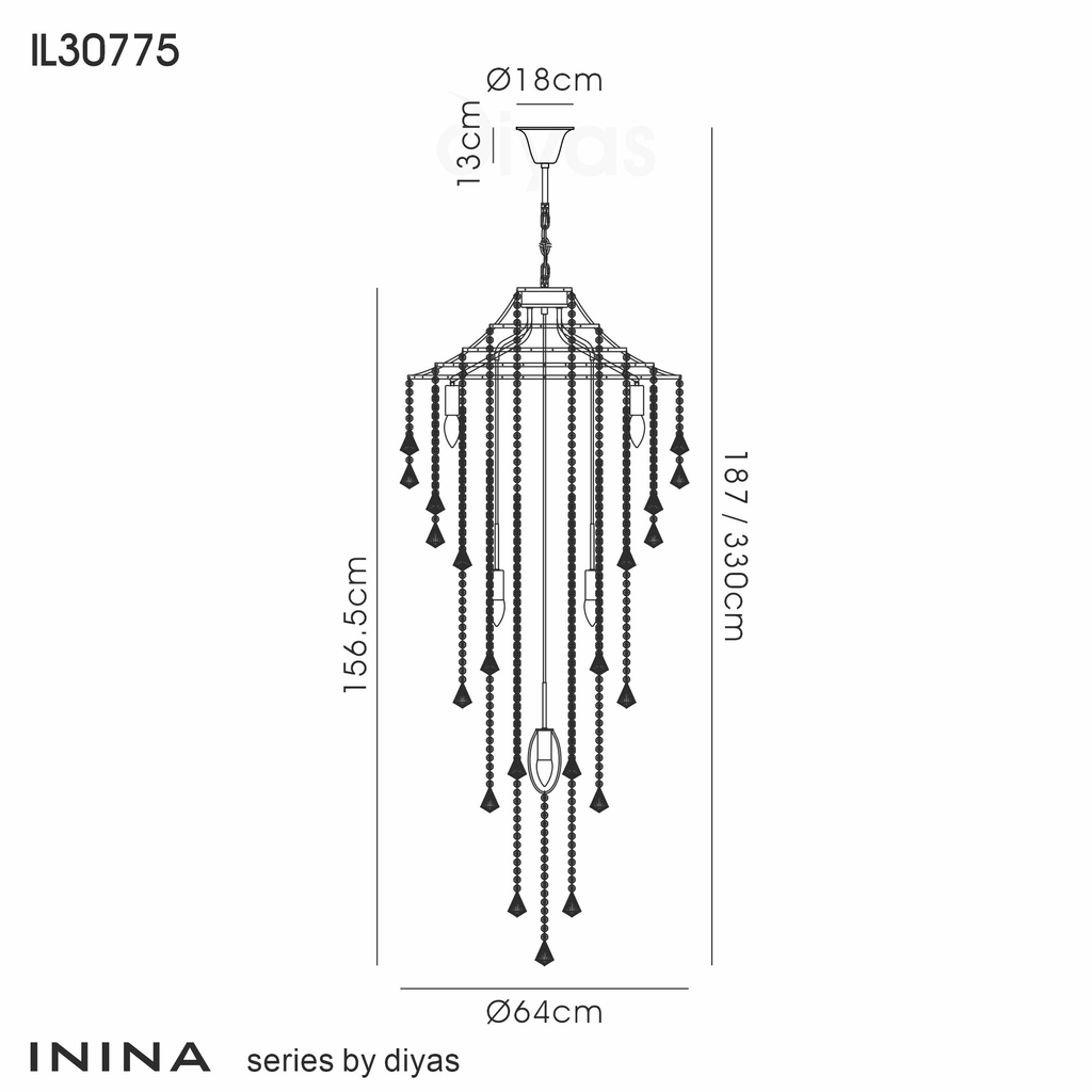 Diyas - Inina Tall Pendant 9 Light E14 Polished Chrome/Crystal - Luminosity Designs Ltd