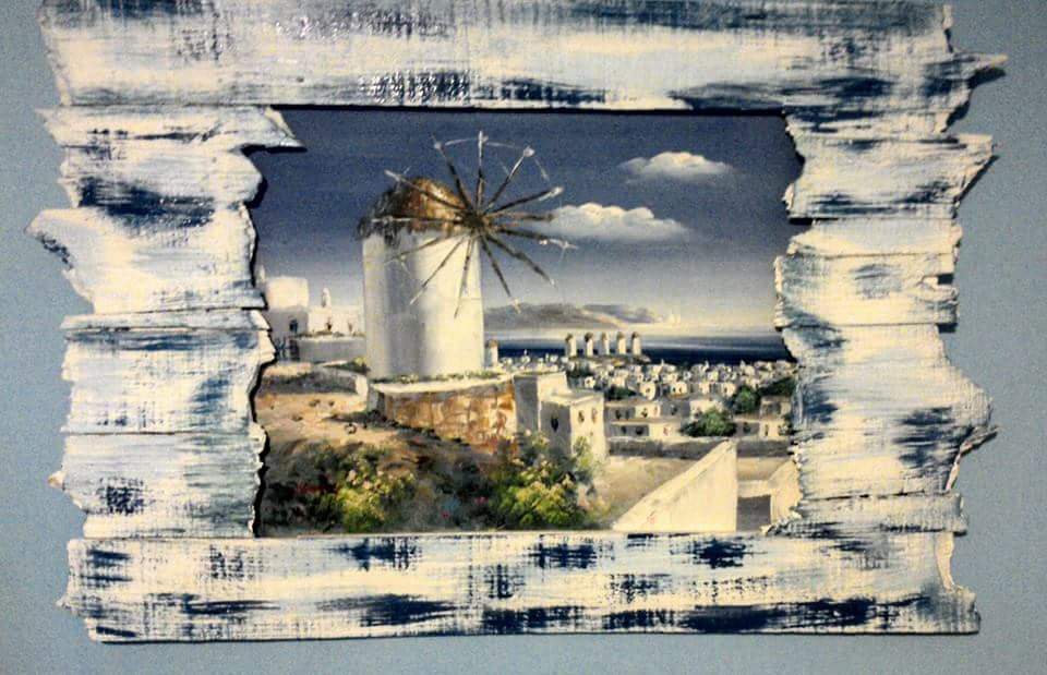 TG Arts - Large Rustic Landscape Painting - Blue Windmill - Luminosity Designs Ltd