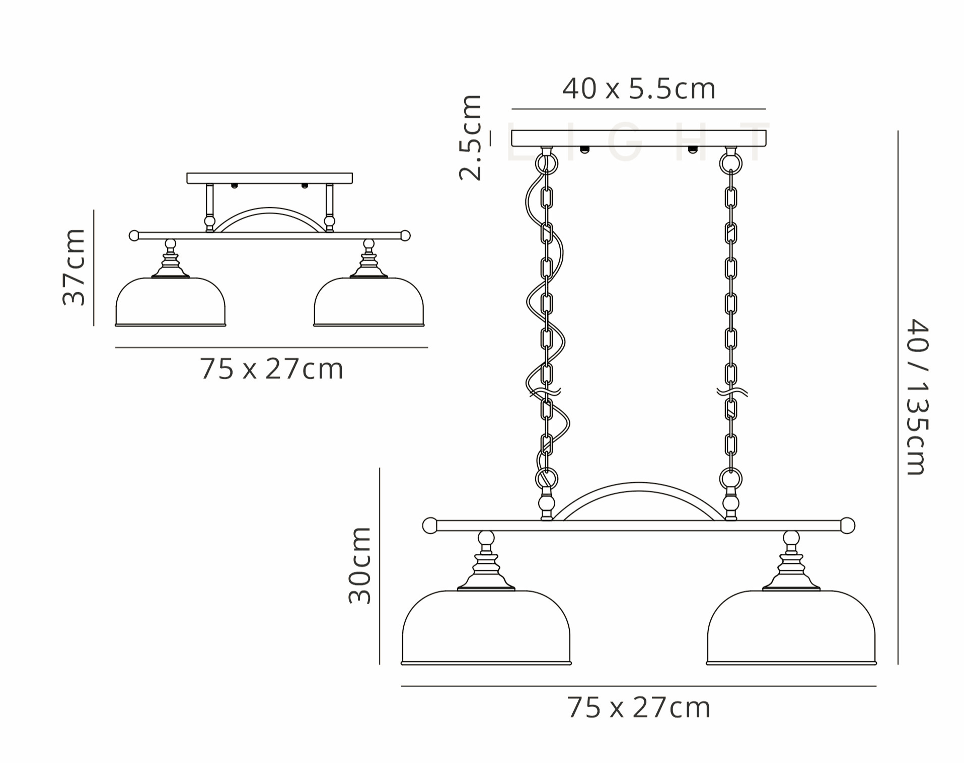 Luminosity Designs - Sledmere 2 Light Bar (Converts to Semi Flush) - Luminosity Designs Ltd