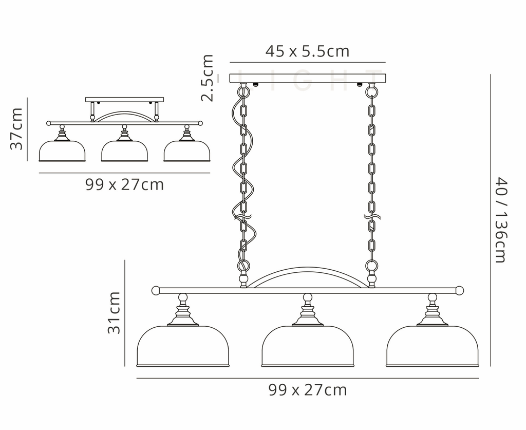 Luminosity Designs - Sledmere 3 Light Bar (Converts to Semi Flush) - Luminosity Designs Ltd