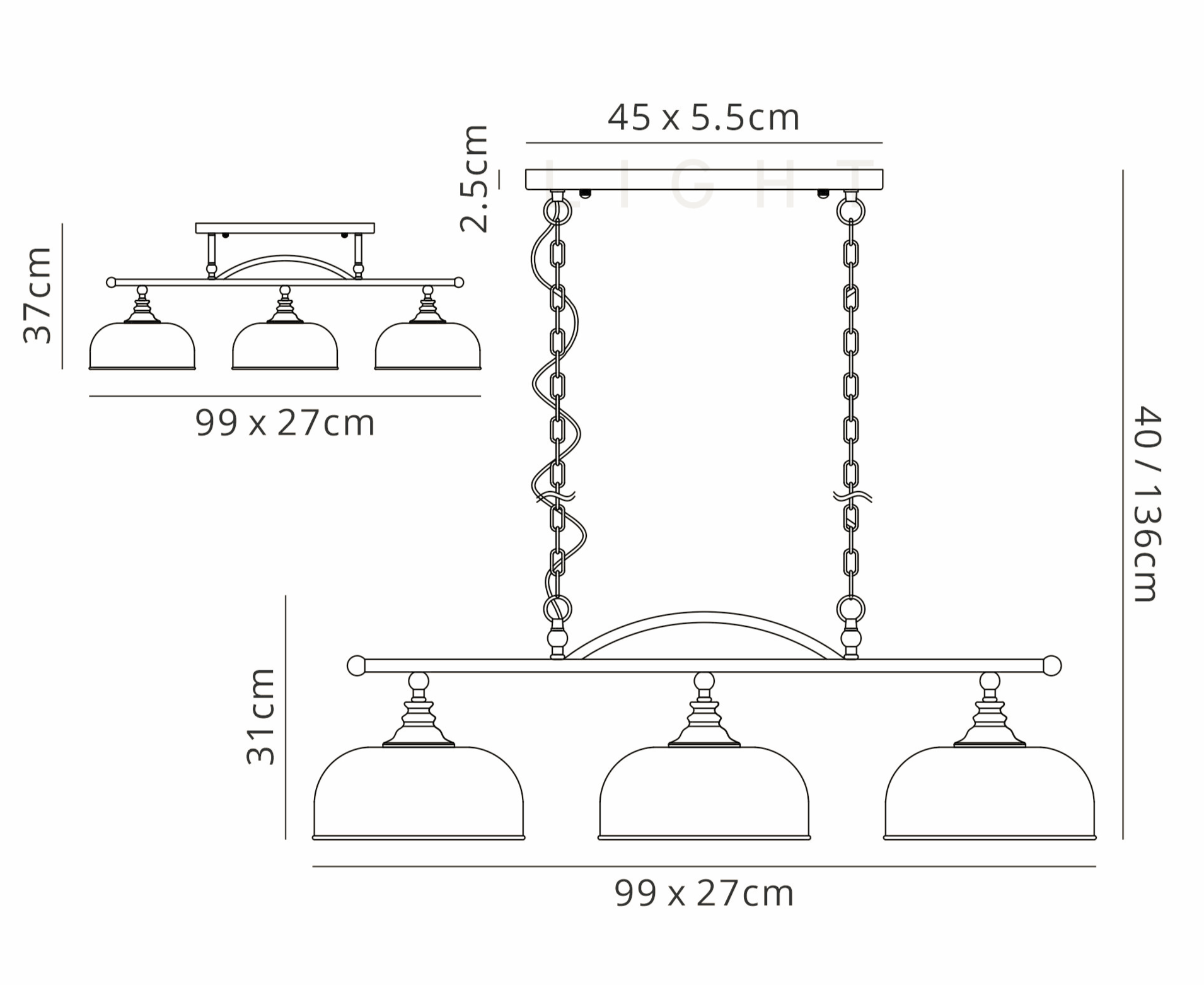 Luminosity Designs - Sledmere 3 Light Bar (Converts to Semi Flush) - Luminosity Designs Ltd