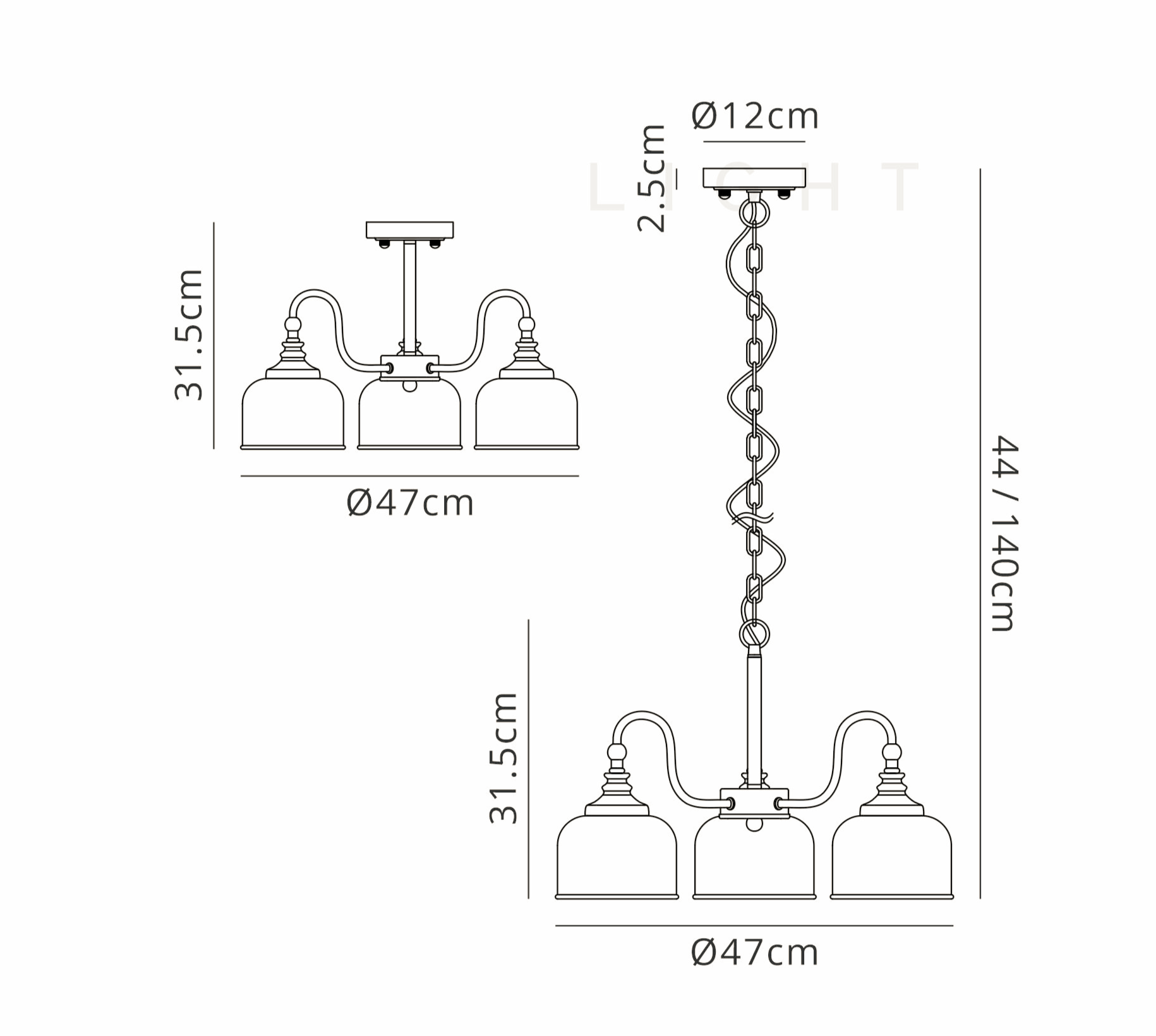 Luminosity Designs - Sledmere 3 Light (Converts to Semi Flush) - Luminosity Designs Ltd