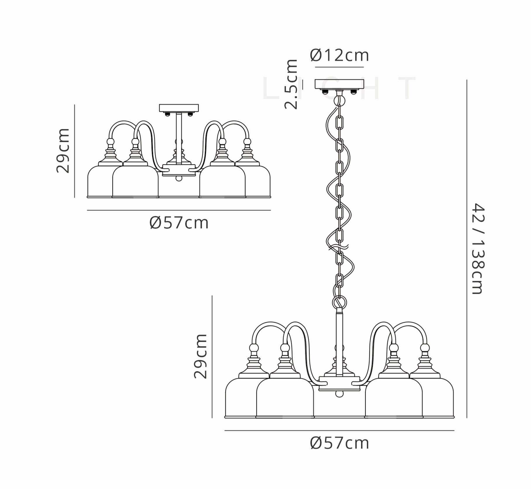 Sledmere 5 Light With E27 Lamp holders and Cut Glass Shades (Converts to Semi Flush) - Luminosity Designs Ltd